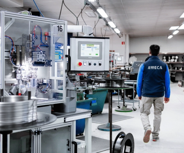 Technicien AMECA qui marche dans l'atelier avec des machines de production de filets rapportés
